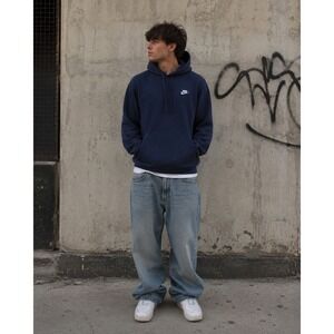 Nike Hoodie Mens Medium Blue Embroidered Swoosh Pullover Fleece Sweatshirt Y2K